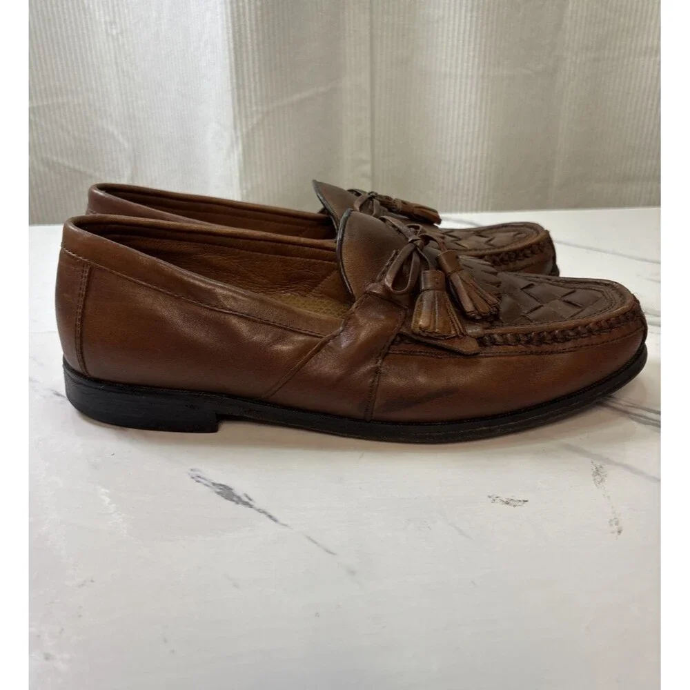 Johnston & Murphy Men’s Halsey Kiltie Tassel Brown Woven Leather Loafers 10M
